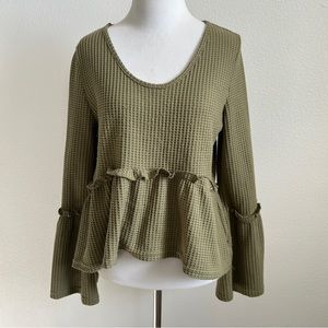 Maverick olive waffle knit peplum bell sleeve top